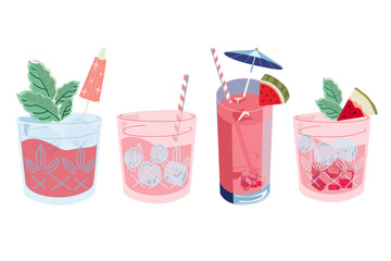 Summer cold cocktails. A set of ingredients for fruit cocktails. Watermelon cold alcoholic and non-alcoholic drinks. World watermelon day