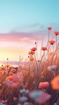 Closeup of the wildflowers in a wild meadow with poppies at sunset. Poetic, dreamy landscape with a golden sky and blurred sunset sky background. 