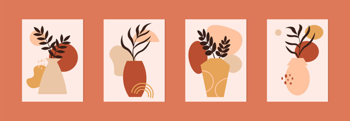 Boho aesthetic wall art botanical scandinavian neutral color poster printable collection illustration vector 