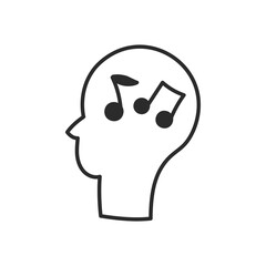 Outline Head with Musical Notes Symbols. Hand drawn Sound and Music Icon in doodle line style. Listen to audio sign.  Isolated vector illustration