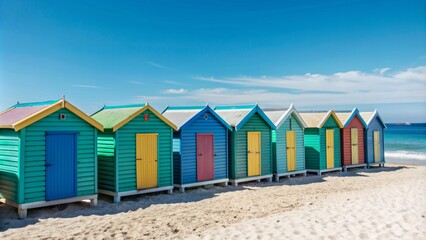 Naklejka premium Colorful beach huts lined along sandy shoreline under clear blue sky with calm ocean waves gently touching the coast.
