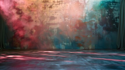 Fototapeta premium Soft, pastel tones melding together in a tranquil dance of light and shadow, against the backdrop of an empty stage awaiting its performers.