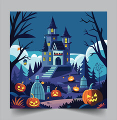 Happy Halloween day with Halloween house  and pumpkin Spooky Night  Halloween Backdrop