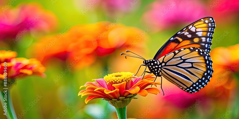 Sticker Monarch butterfly perched on a vibrant flower, monarch, butterfly, flower, nature, insect, wildlife, pollination, colorful