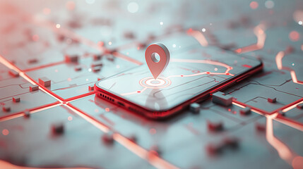 
a digital map with virtual boundaries, a location pin, and a mobile device showcasing a geofencing app