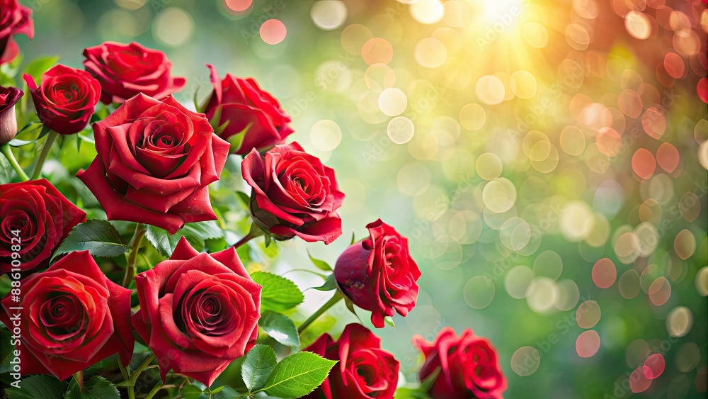 Poster A beautiful background of red roses blooming , roses, flowers, background, nature, floral, red, blooms, petals, romantic