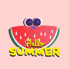 Hello summer vector illustration. 3D cute vector cartoon watermelon on a pink background. Summer vibe with yellow inscription. World Watermelon Day illustration 