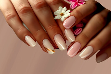 Closeup of a beautifully manicured female hand. Milky white and soft pink gel nail polish square nails, isolated on a soft mauve background, copy space. Minimal concept nail spa landscape wallpaper. 