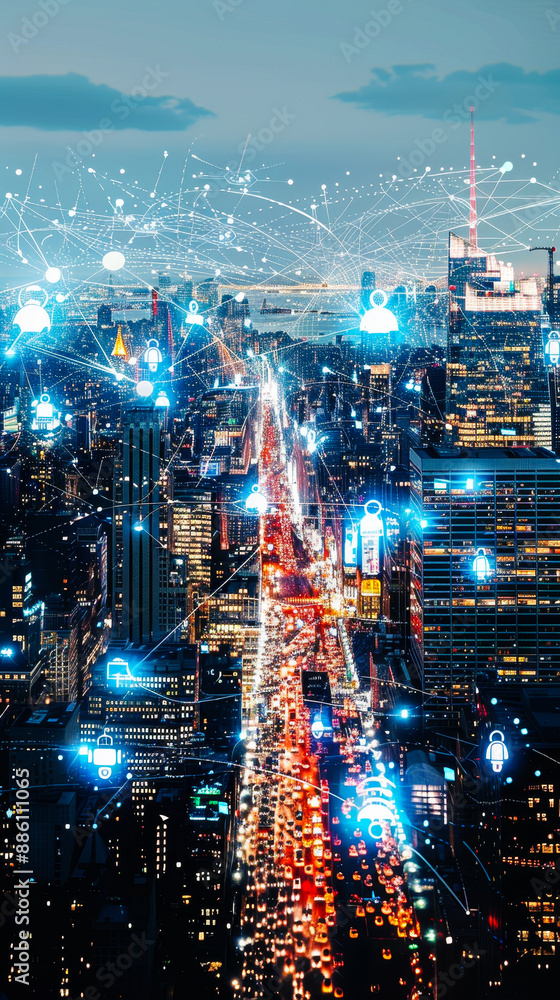 Poster smart city at night with busy streets and internet of things connected devices data networking acros