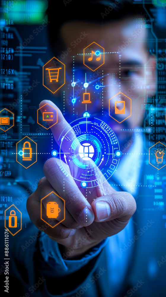 Poster businessman pressing futuristic cybersecurity interface with holographic icons in high-tech setting 