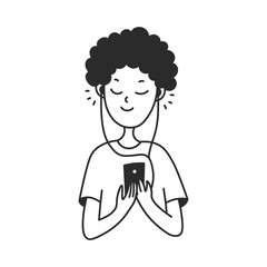 Young Man Listening to Music or Audiobook in Earphones from Smartphone. Smiling boy in headphones holding mobile phone. Cartoon line art. Doodle vector illustration.