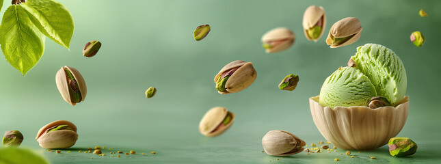 Green pistachio ice cream semifreddo dessert banner. Food dynamic macro photography with blurred green background with copy space.  Cool summer taste refreshment food concept macro photography.
