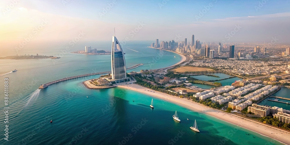 Wall mural Aerial view of Dubai coastline in United Arab Emirates , Coastline, Dubai, UAE, Aerial view, Skyscrapers, Ocean