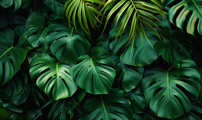 Fototapeta premium Lush Tropical Green Leaves Background with Monstera and Palm Fronds, Forest Canopy Foliage, Jungle Vegetation Texture for Nature and Botany Concepts