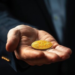 Close-Up of a Hand Holding a Bitcoin