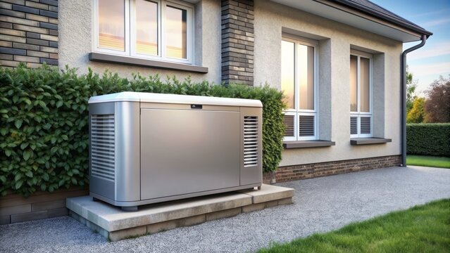 A modern stainless steel residential standby generator installed on a house exterior wall with a sleek and compact design.