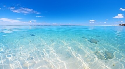 Vast tropical beach panorama with sky and sea meeting on the wide horizon, showcasing serene beauty