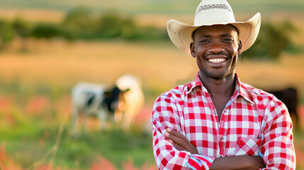 Happy African farmer in a cowboy hat and red white plaid shirt standing with arms crossed on a lush cattle farm with grazing cows, showcasing agricultural lifestyle and livestock. - Powered by Adobe