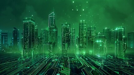 Obraz premium Futuristic Smart Cyber City illustration: Innovative Urban Landscape in Digital Circuitry, futuristic technology concept, Graphic Resources, Wallpapers, Brochure, Websites, banner design, Advertising,