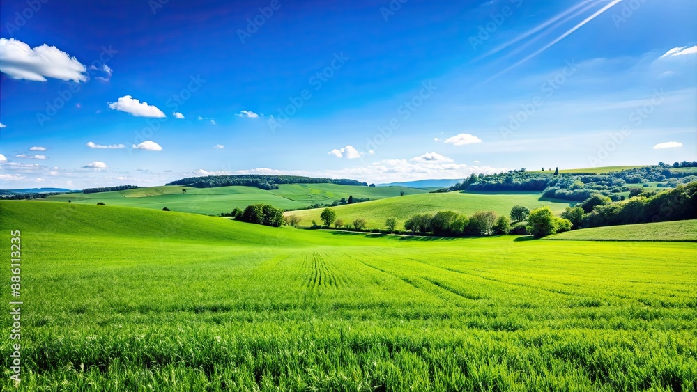 Canvas Prints Lush green field with a view of rolling hills and clear blue sky, beautiful, view, field, green grass, nature, landscape