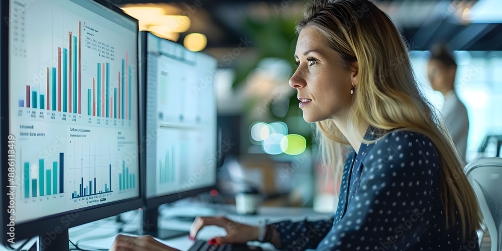 Poster Businesswoman Analyzing E Commerce Trends and Data on Computer in Corporate Office Setting