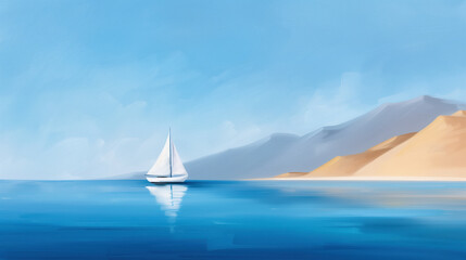 Impressionist painting of a sailboat gliding on calm blue waters near sandy hills and mountains, capturing the serene beauty of a coastal landscape. Ideal for art and decor.