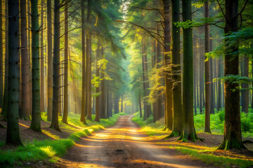 Obraz premium Tranquil Forest Path with Lush Green Trees and Sunlight Filtering Through Canopy.