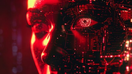 Close-up of a futuristic face illuminated by red light, with intricate digital circuits and glowing elements, symbolizing advanced AI technology.