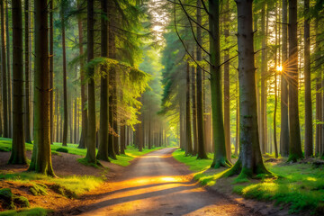 Obraz premium Tranquil Forest Path with Lush Green Trees and Sunlight Filtering Through Canopy.