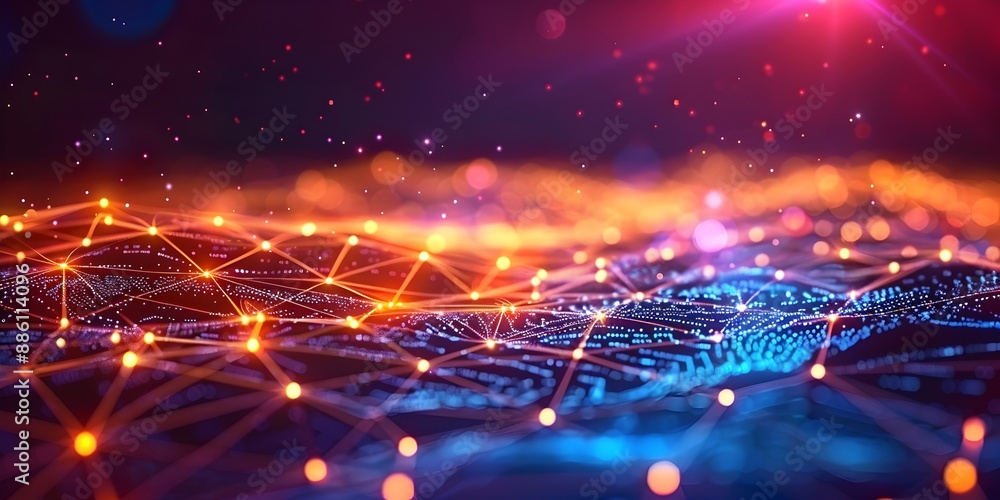 Poster dynamic interconnected digital network with vibrant colors and flowing data streams