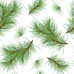Fototapeta premium Pine branches on seamless watercolor pattern isolated on white. Christmas botanical endless background. Christmas tree branches for wrapping paper, fabric, wallpapers, and seasonal package.