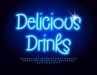 Vector neon advertisement Delicious Drinks for Cafe and Bar. Funny Blue Font. Artistic Alphabet Letters and Numbers set.