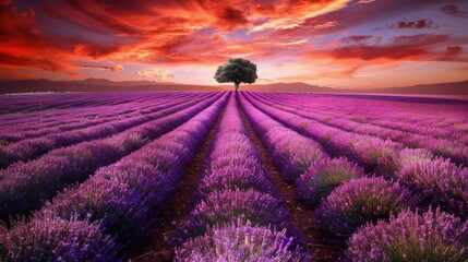 Lone Tree in a Lavender Field at Sunset