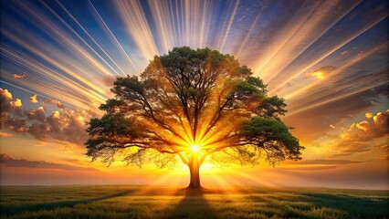 Radiant sunrise shining through branches of a tree of life, sunrise, tree of life, nature, branches, sunlight, glowing