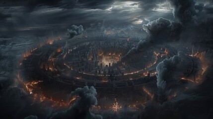A massive circular city surrounded by walls on the inside of an alien planet, glowing black and white flames in its center