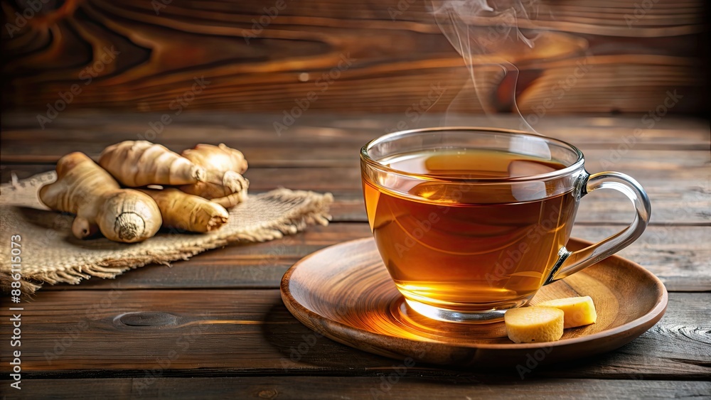 Canvas Prints Cup of hot tea with a slice of fresh ginger, tea, cup, beverage, hot, drink, ginger, slice, fresh, herbal, warm