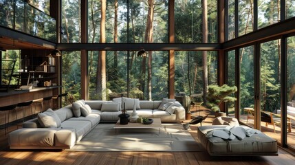 Modern Living Room with Forest View