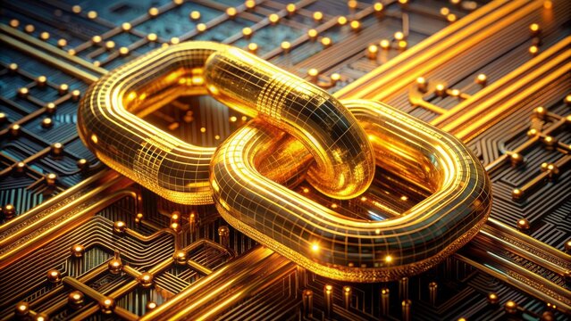 Luxury gold bars intertwined with cryptic codes, circuits, and binary data, representing tokenized intellectual property protection and innovation.