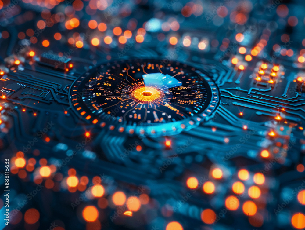 Poster closeup of a circuit board with an illuminated central processing unit