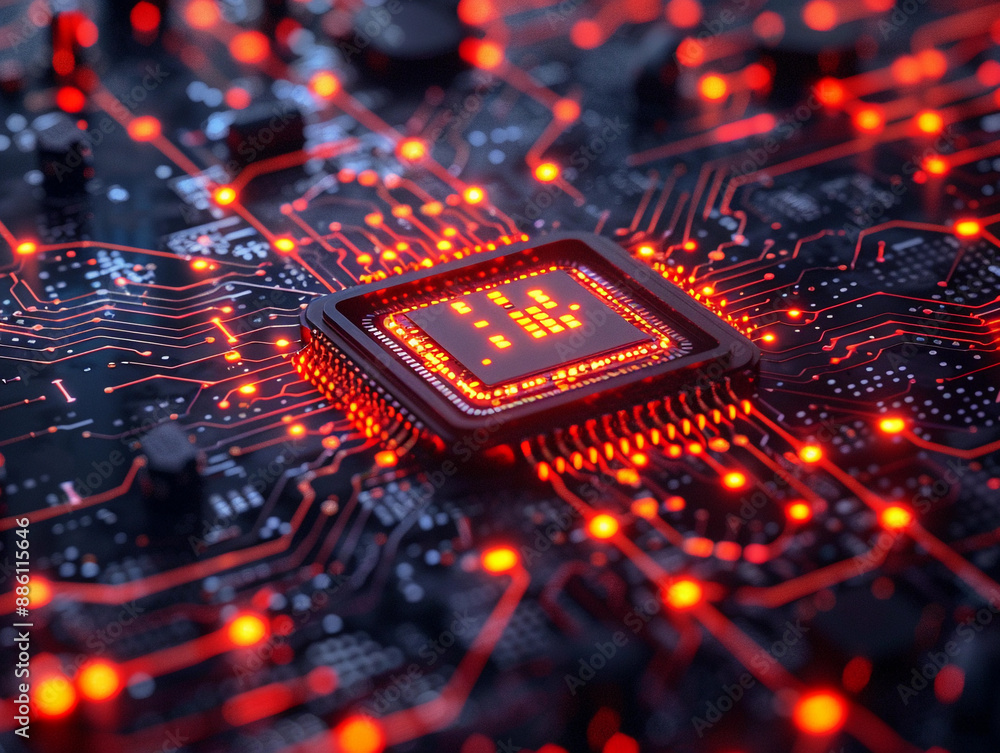 Poster closeup of a red lit central processing unit on a circuit board