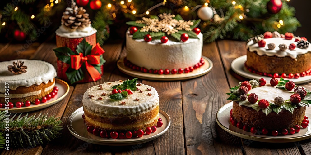 Sticker Christmas cakes beautifully arranged on the table, Christmas, cakes, dessert, holiday, celebration, festive, seasonal