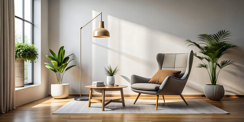 Bright living room with modern armchair, wooden floor, and indoor plants, creating a serene and stylish atmosphere.