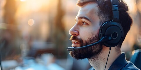 Professional customer service representative with headset assisting clients online for e commerce and business concept