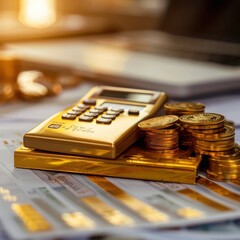 Gold Calculator and Coins on Financial Documents