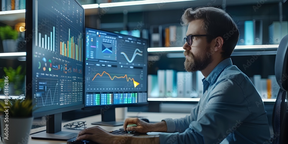 Poster digital marketing analyst reviewing metrics and data insights on computer screen