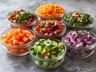 Seven Bowls of Chopped Vegetables for Salad Preparation:Seven Clear Glass Bowls Arranged on a Gray Countertop Each Contain a Different Chopped Vegetable