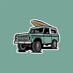vector illustration of a jeep with a surfboard on the beach © Ipmawan