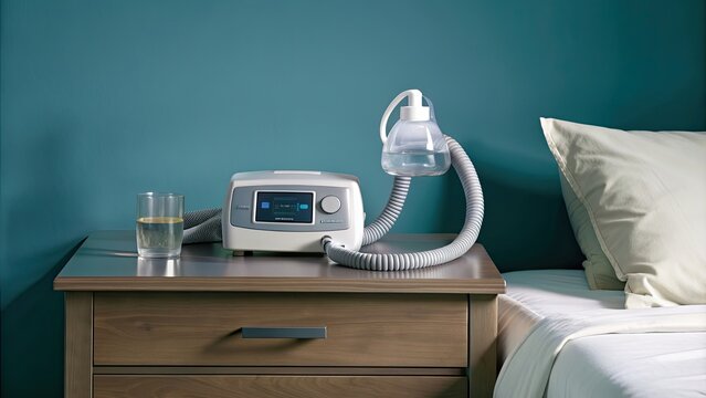 CPAP machine on nightstand , CPAP, machine, nightstand, bedroom, sleep apnea, equipment, therapy, sleep, health, medical