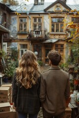 A young couple stand in a courtyard, looking at an old building, surrounded by potted plants and fall foliage