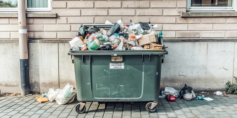 Recycle bin overflowing with assorted garbage, recycle, bin, garbage, waste, trash, environment, pollution, overflowing, litter